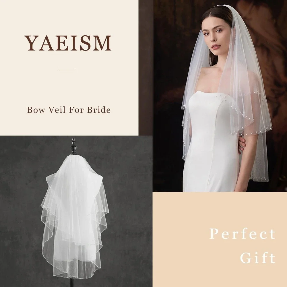 YAEISM White Pearl Edge Wedding Veil 2 Tier Beaded Bridal Veils Fingertip OS
